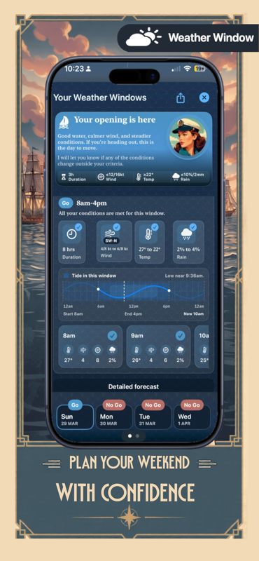 Weather Window screenshot showing a guide and the idea of when to go